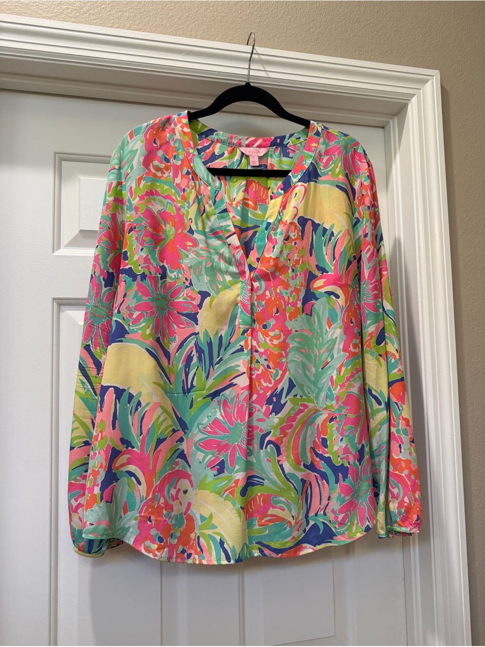 Lilly Pulitzer Stacey Multicolor Floral V-Neck Blouse in Pink, Green & Blue